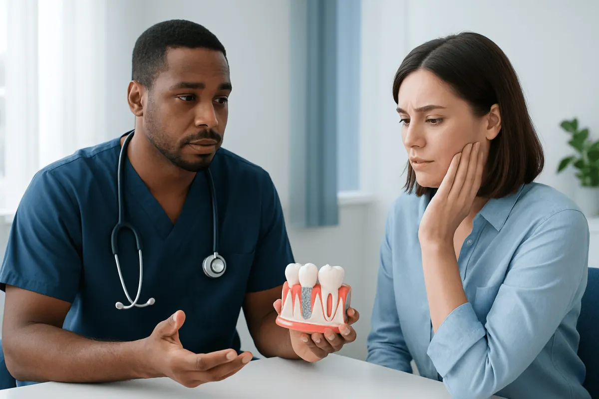 Dentist explaining dental implant risks to a patient with a model of teeth.