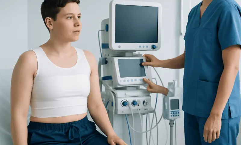 Young woman undergoing medical examination with ultrasound machine at Acibadem Hospital.
