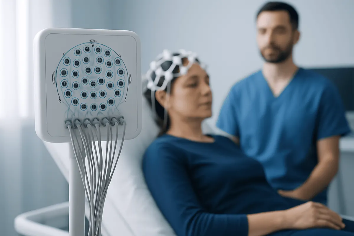 EEG machine with electrodes connected to a patient in a hospital room.