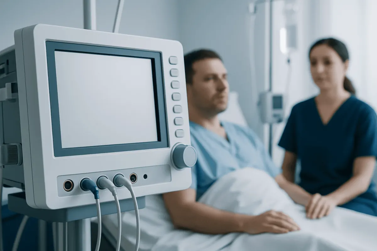Medical monitor in hospital room with patient and nurse in background.