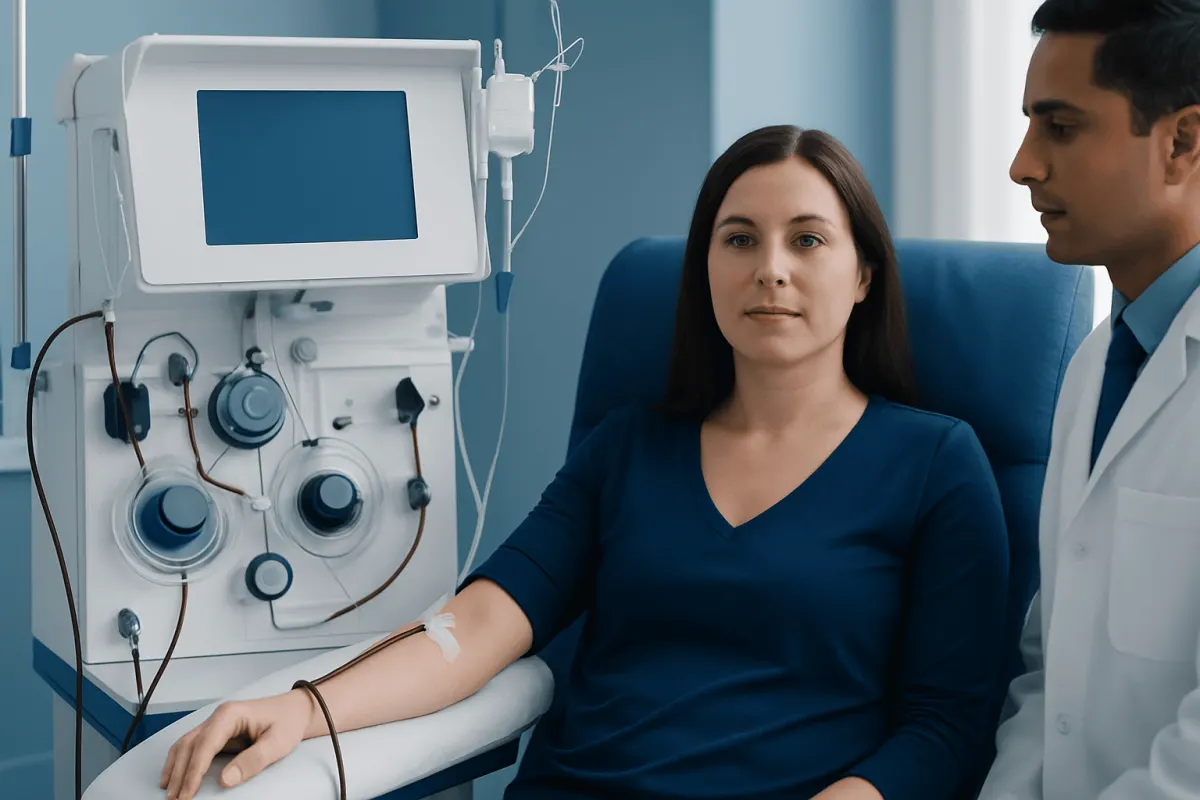 Patient undergoing dialysis treatment in a hospital setting.