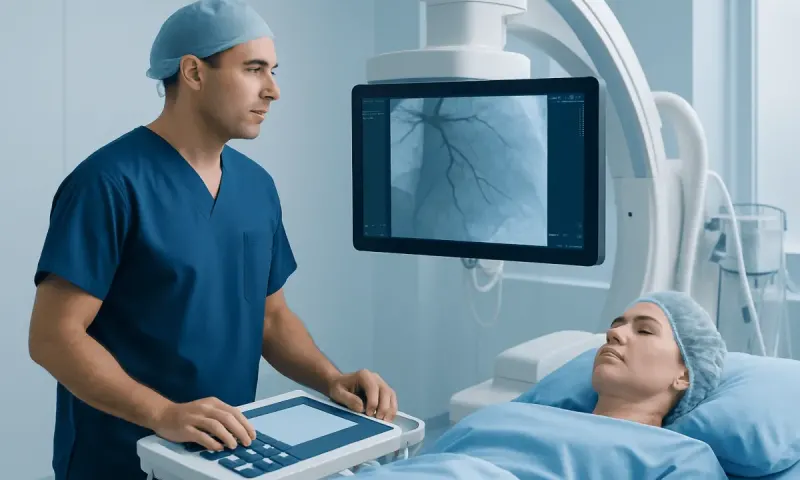 Interventional cardiologist monitoring a patient during a procedure at Acibadem Hospital.
