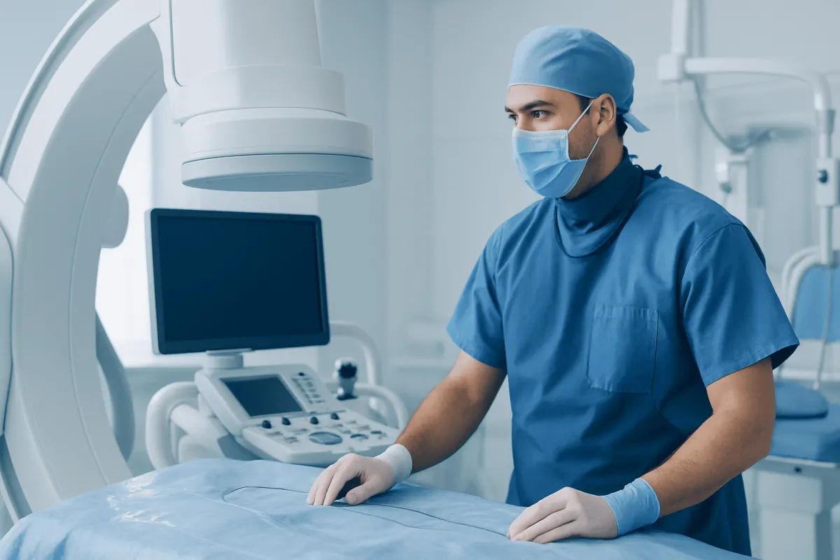 Interventional neurology procedure in a modern hospital setting.