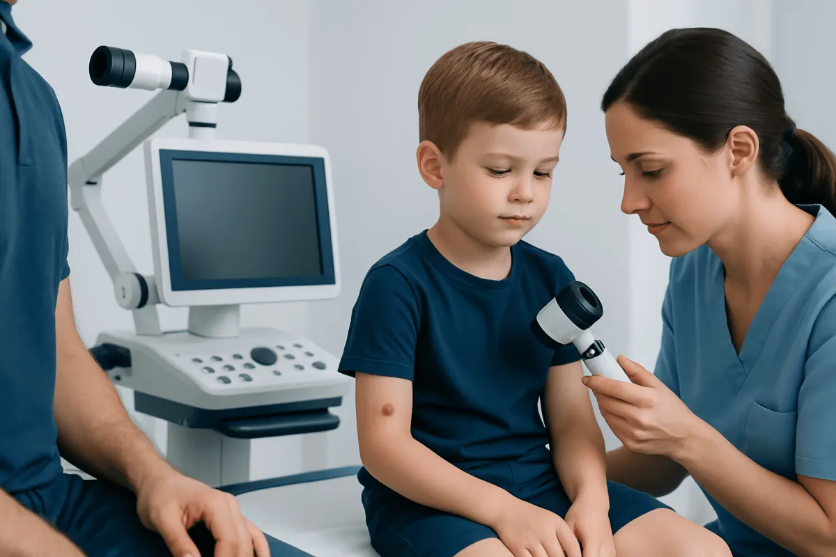 Pediatric dermatologist examining a child's skin with a dermatoscope.