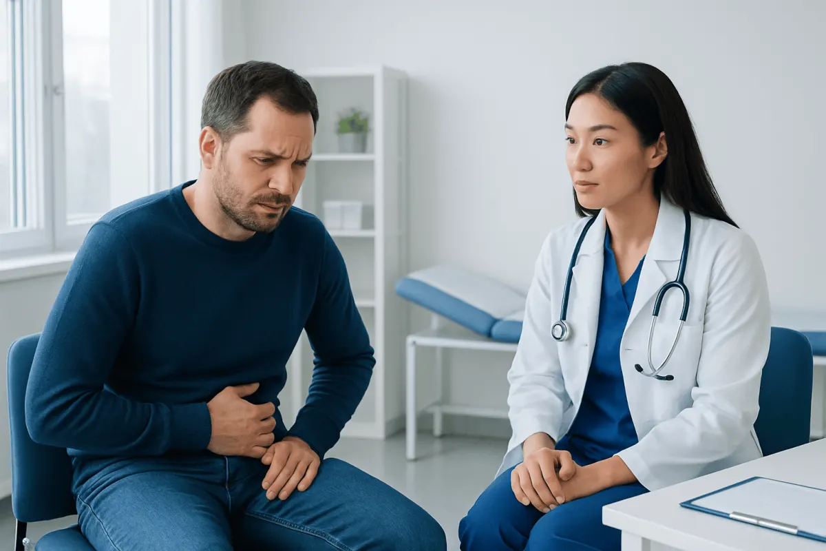Doctor consulting a patient with stomach pain in a medical office.