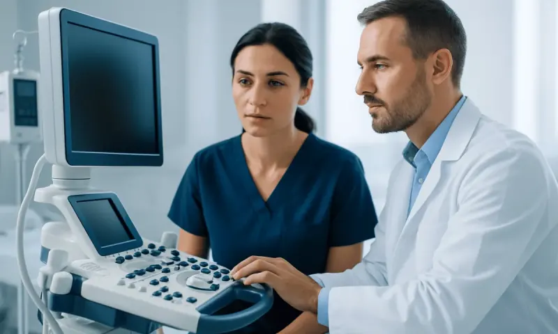 Medical professionals using ultrasound equipment in a hospital setting.