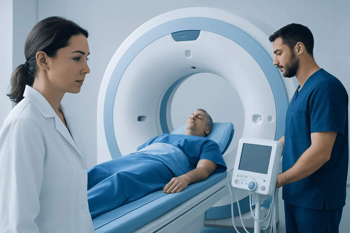 Patient undergoing MRI scan at Acibadem Hospital for cancer diagnosis.