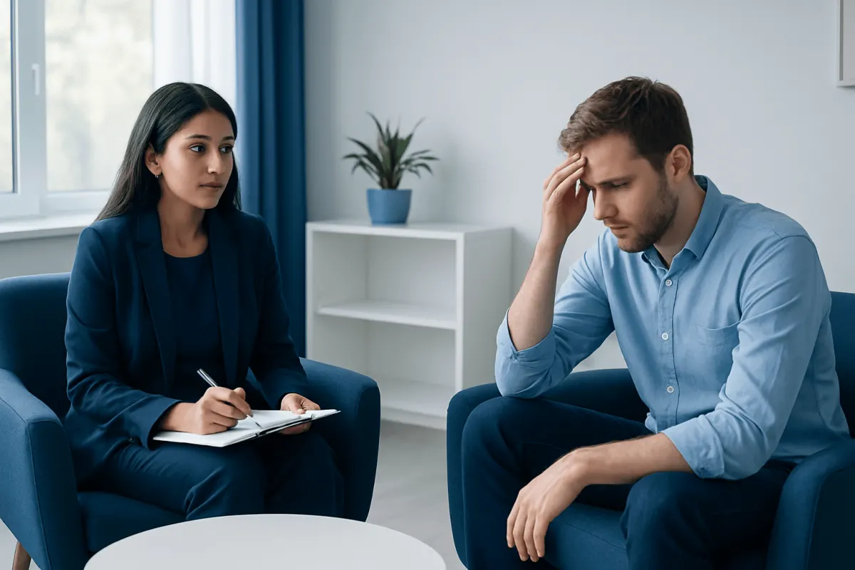 Therapist listening to a patient during a counseling session at Acibadem Hospitals Group.