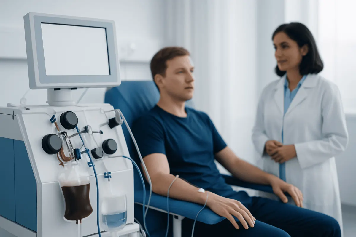 Patient undergoing blood test in a hospital setting with medical staff present.