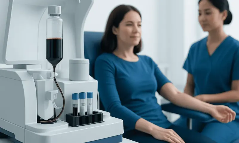 Blood test being performed on a woman in a medical clinic setting.