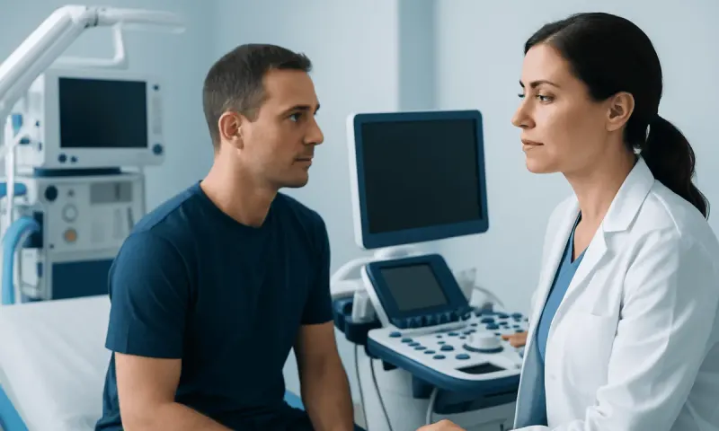 Doctor consulting patient in a hospital room with medical equipment.