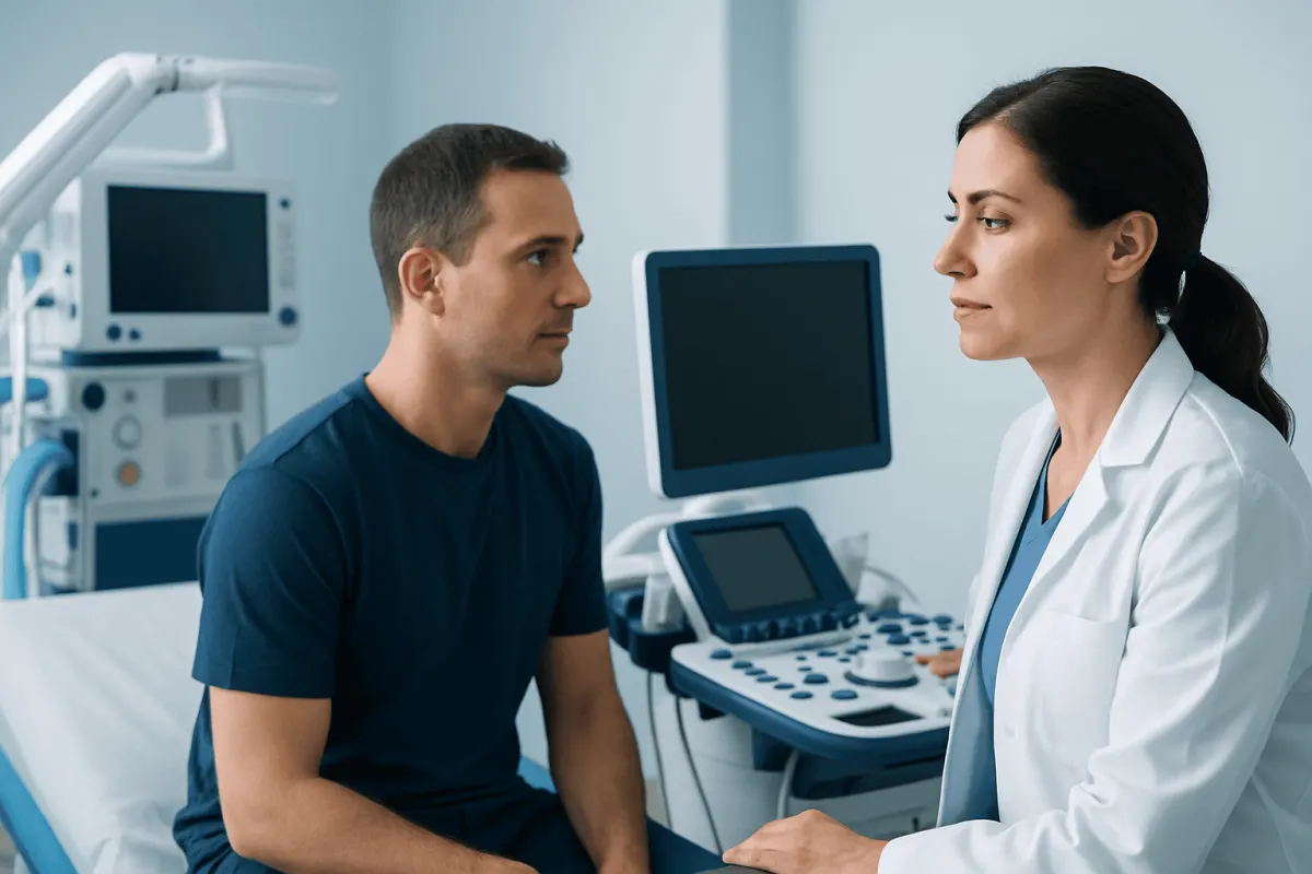 Doctor consulting patient in a hospital room with medical equipment.