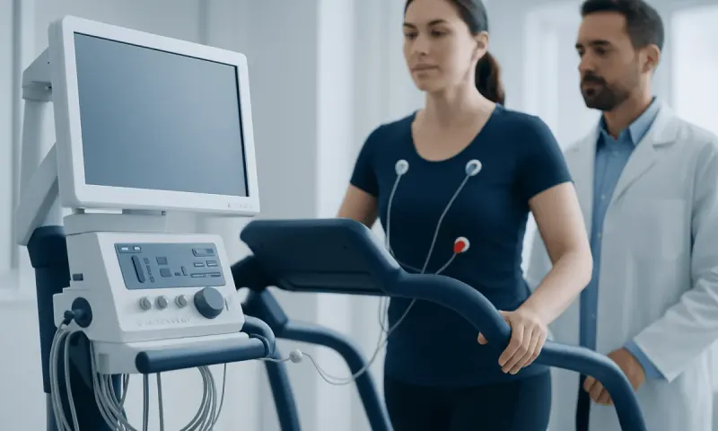 Woman undergoing a cardiovascular exercise test with medical supervision.