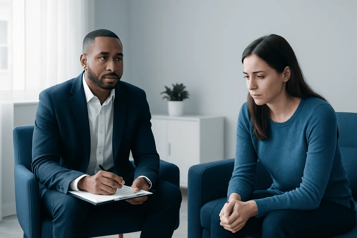 Mental health counseling session with a therapist and patient in a clinical setting.