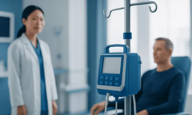 Hospital patient monitor in a medical room with a doctor and patient.