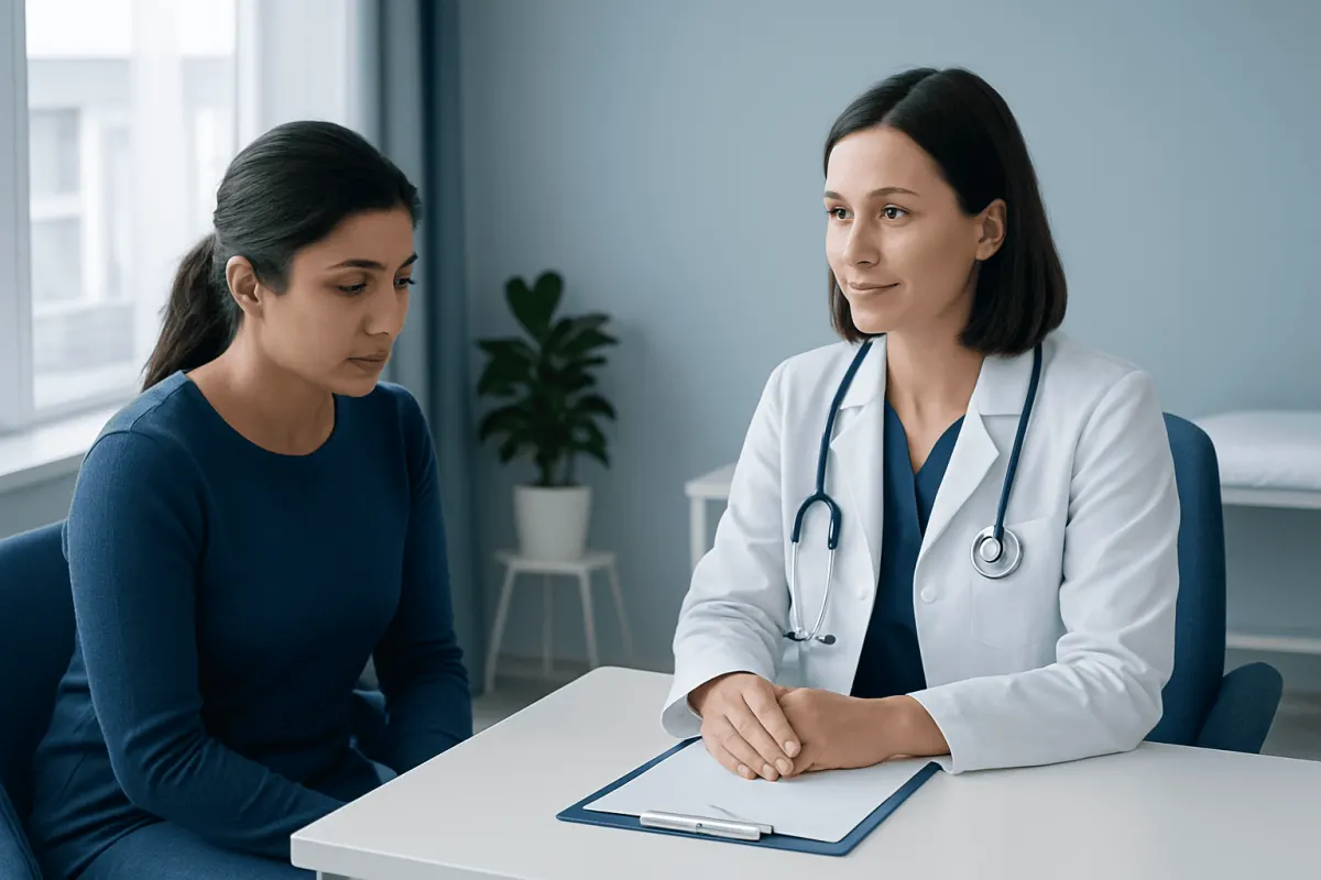 Doctor consulting with a patient in a modern medical office.