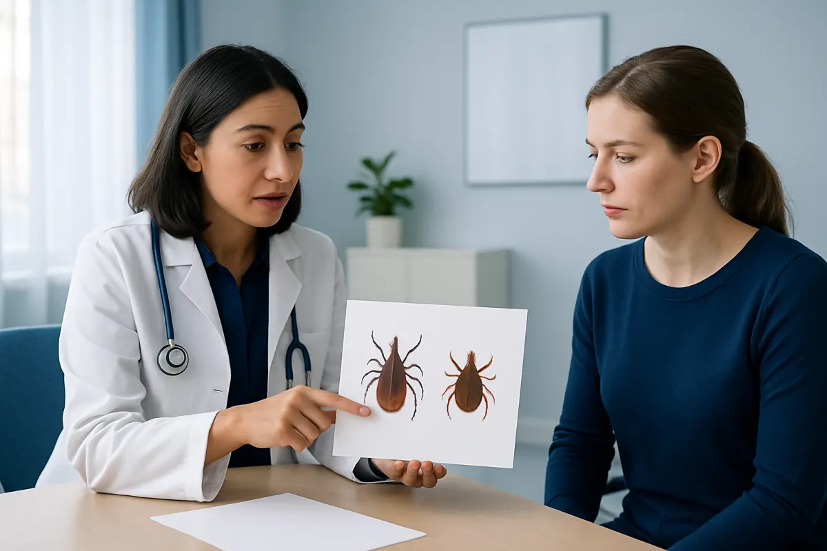 Doctor explaining differences between deer and dog ticks to patient.