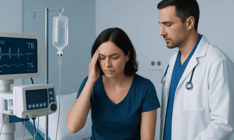 Patient experiencing dizziness in hospital with medical staff nearby.