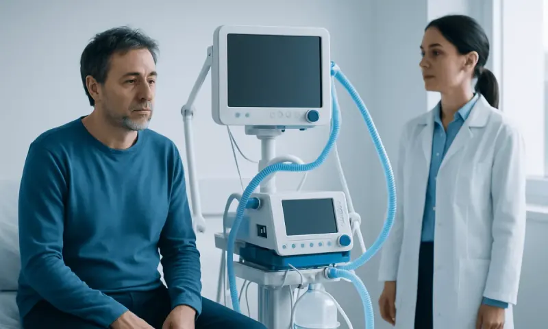Doctor and patient in a medical consultation with ventilator equipment.