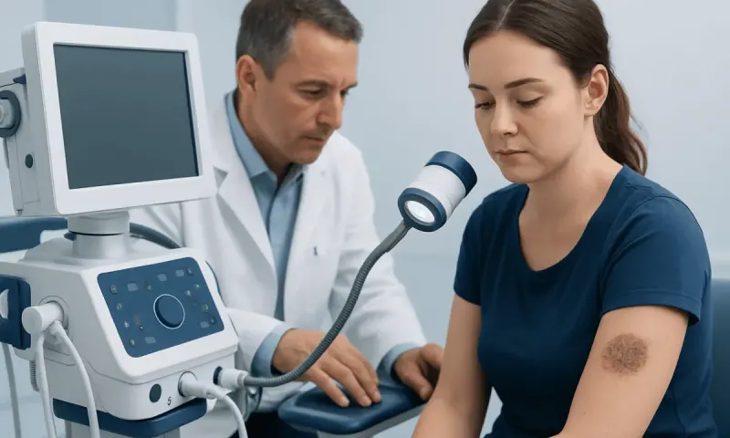Doctor examining a patient's skin lesion with ultrasound device in clinic.