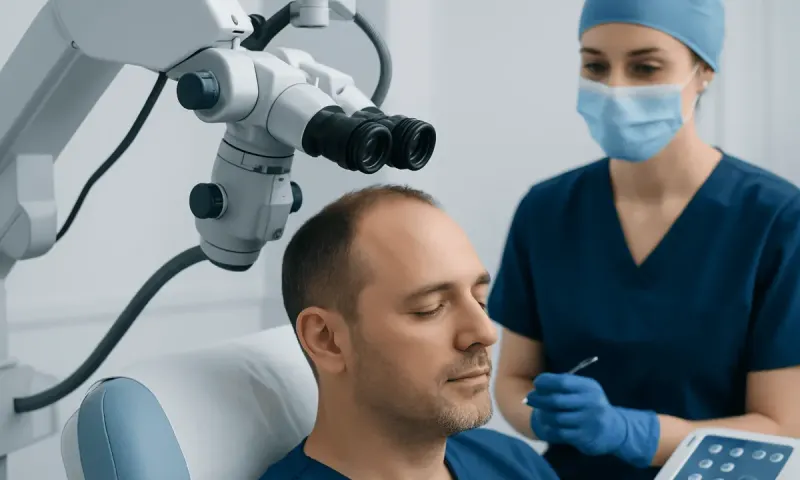 Doctor performing hair transplant consultation with advanced equipment.