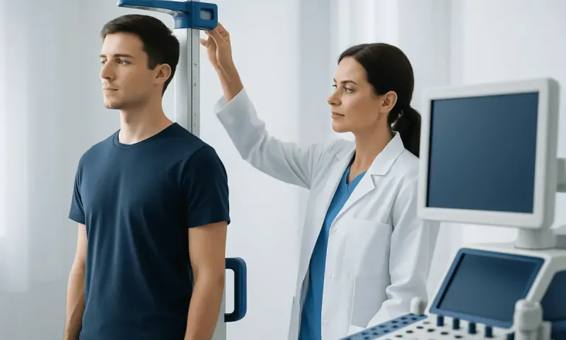 Medical professional measuring a young man's height in a clinical setting.
