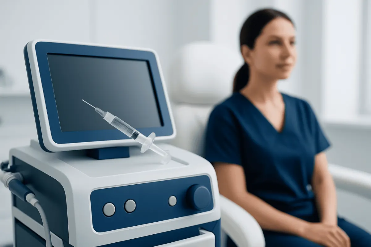 Medical consultation with a syringe and monitor at Acibadem Hospitals Group.