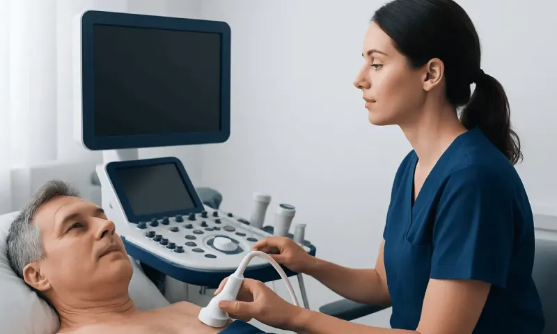 Medical professional performing an echocardiogram on a patient in a hospital setting.