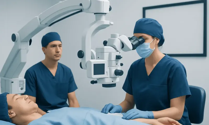 Surgeons performing lymphedema surgery with advanced medical equipment.