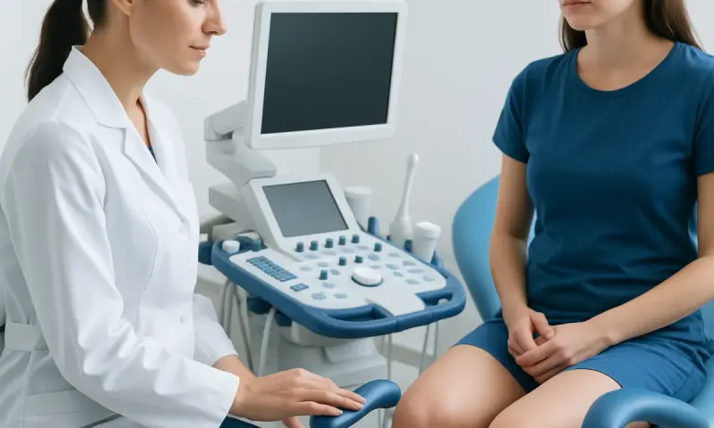 Medical examination of a woman by a healthcare professional in a clinic setting.