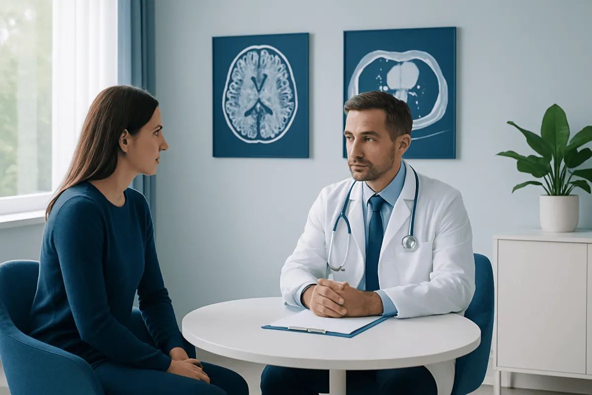 Doctor consulting with a patient about brain scan images at Acibadem Hospital.