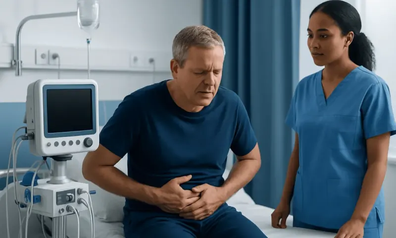 Patient experiencing abdominal pain in hospital bed with medical staff nearby.
