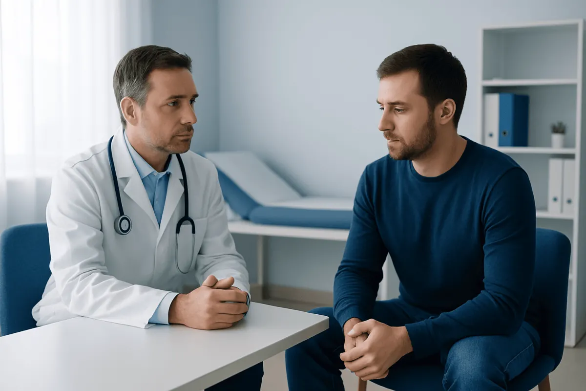 Doctor consulting with a male patient in a medical office.