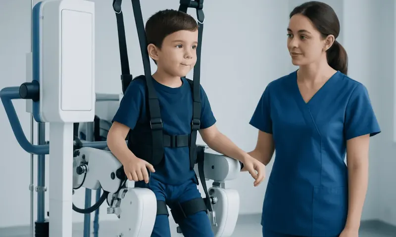 Child in harness undergoing physical therapy with healthcare professional.