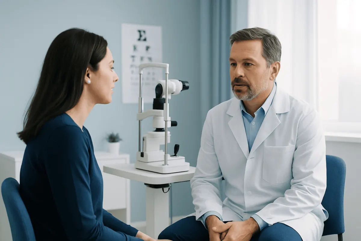 Optometrist examines patient's eyes during an eye exam at Acibadem Hospital.