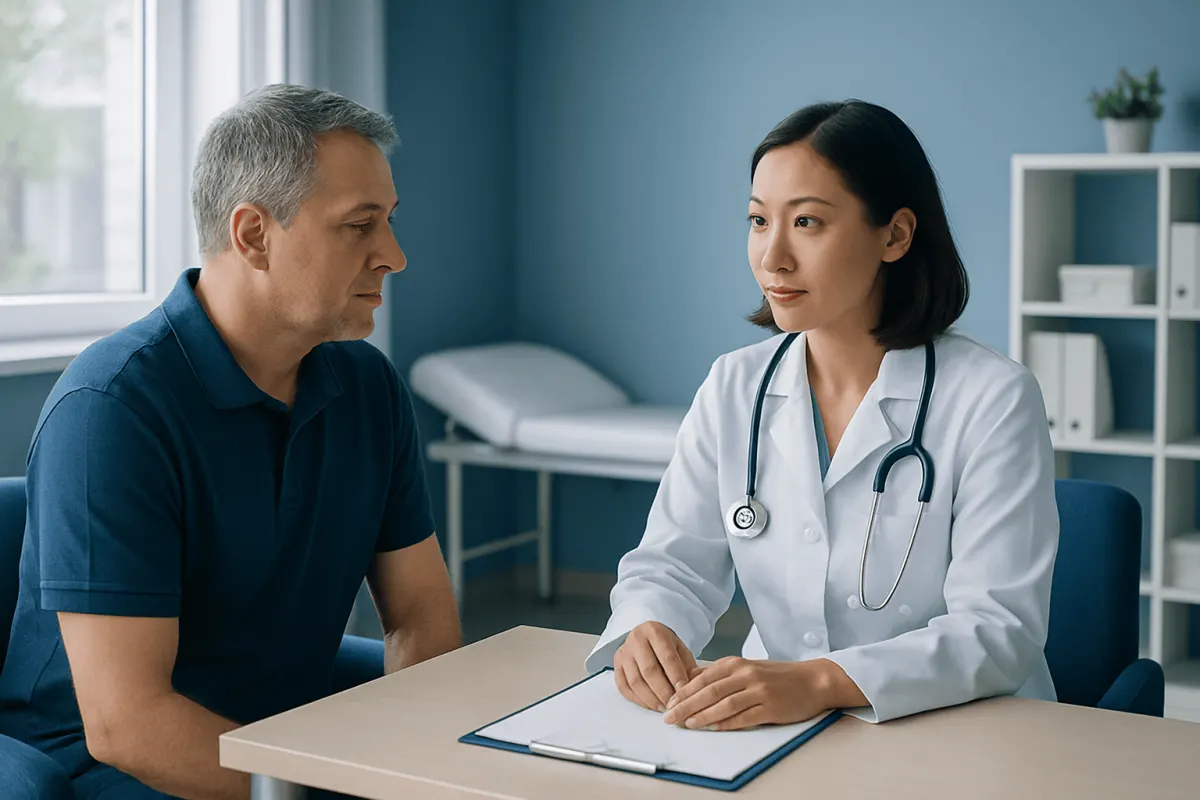 Doctor consulting with a male patient in a medical office setting.