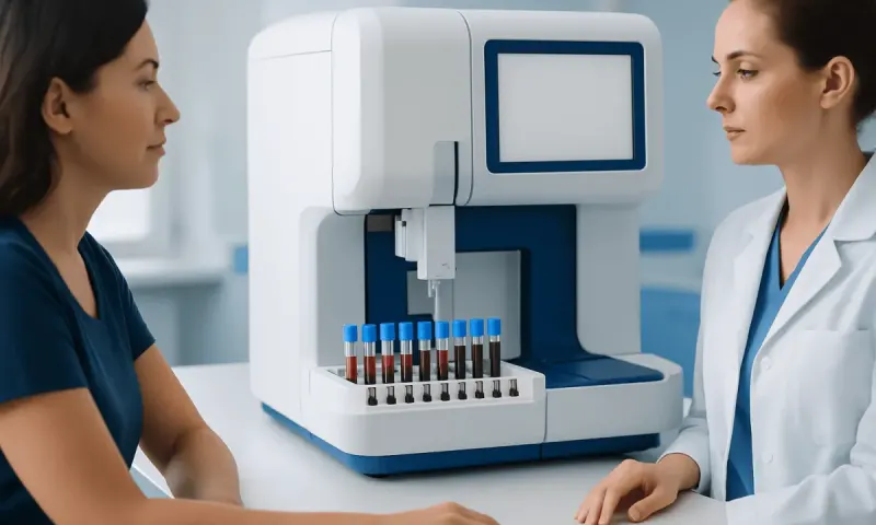 Laboratory technician performing a CBC test with automated analyzer equipment.