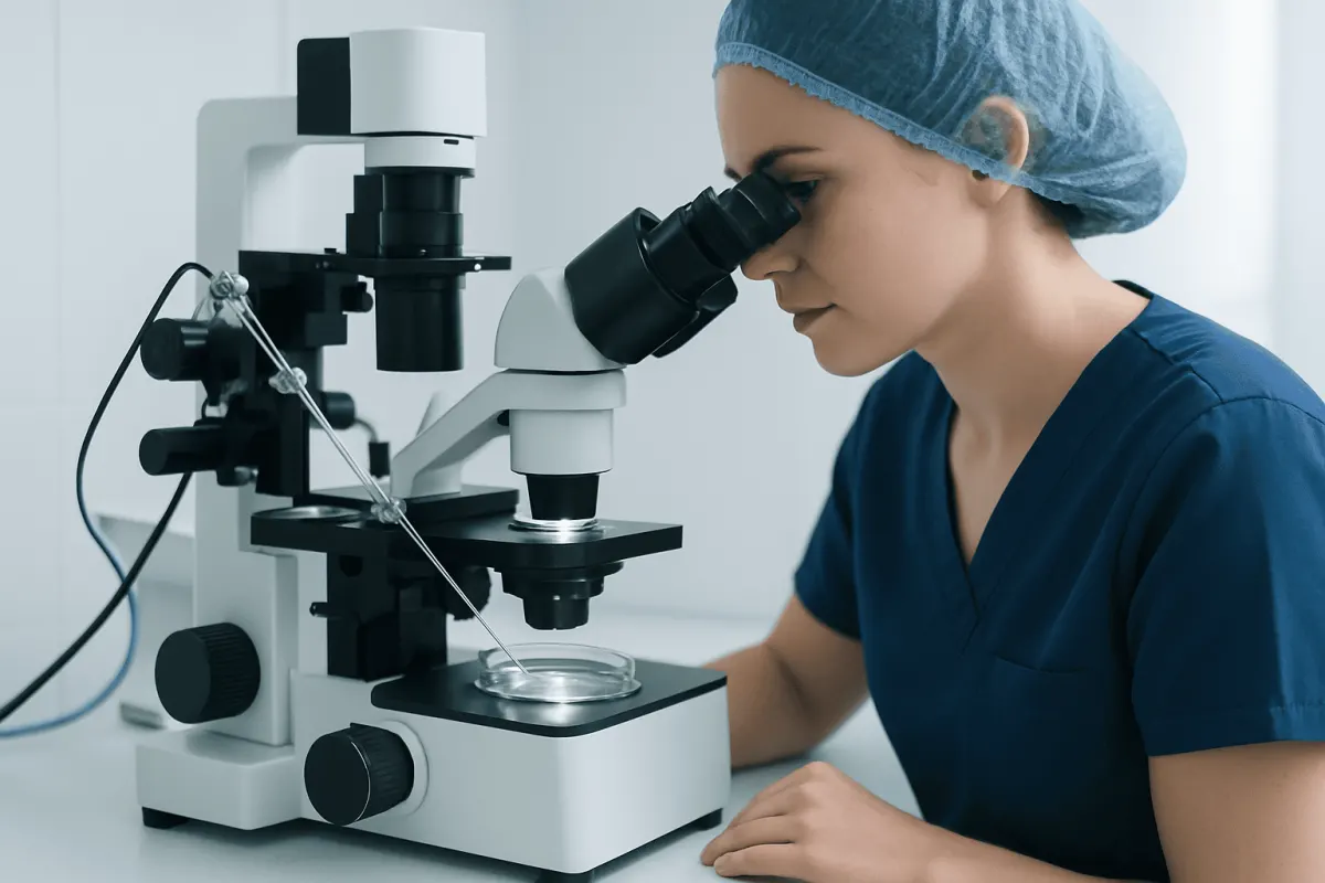 Female scientist examining sample through a microscope at a laboratory.