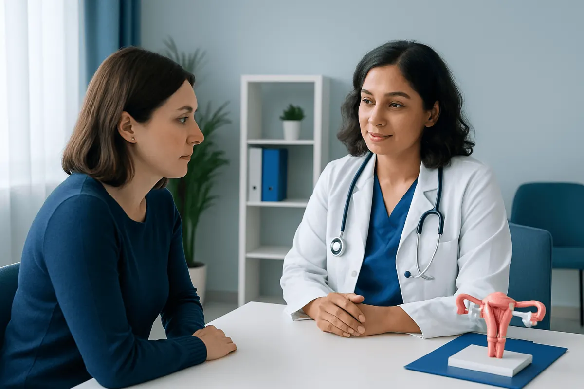 Gynecologist consulting with a patient about uterine health.