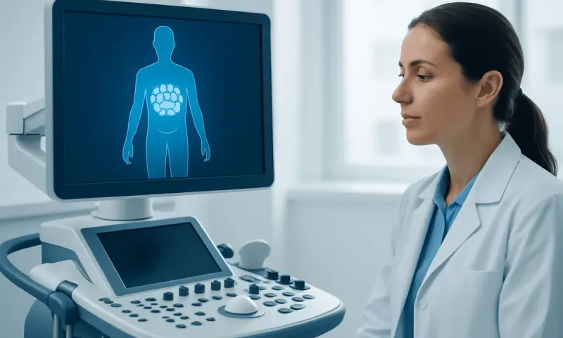 Medical professional analyzing abdominal scan on ultrasound machine.