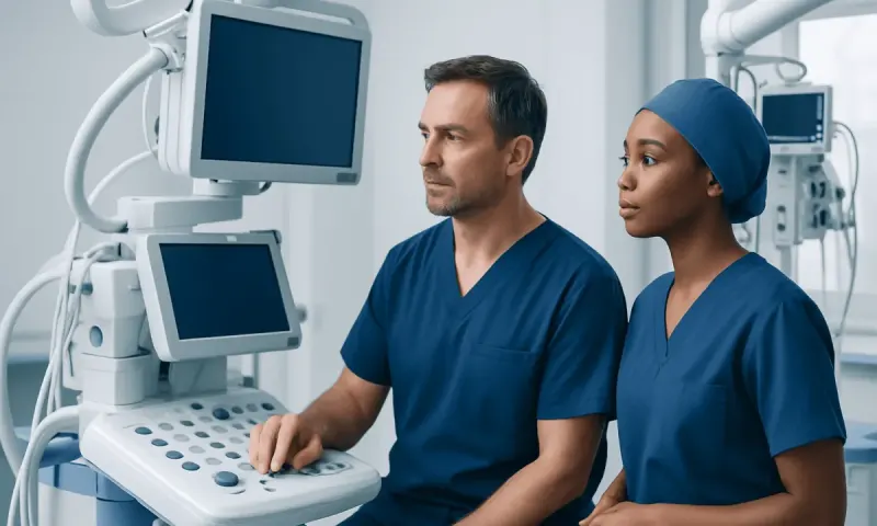 Medical professionals operating ultrasound equipment in a hospital setting.