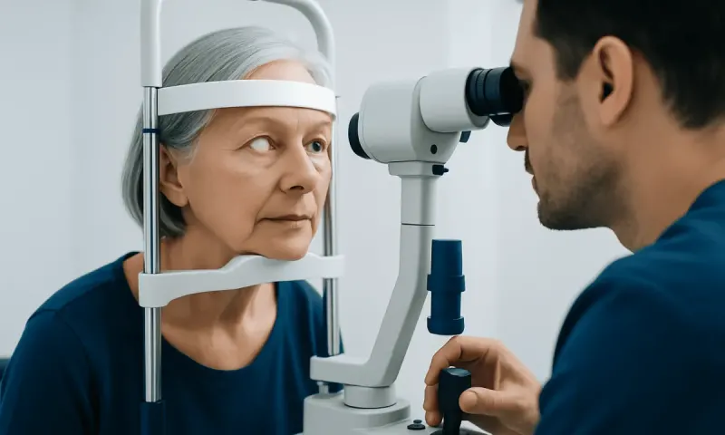 Ophthalmologist examining elderly woman's eye with slit lamp.