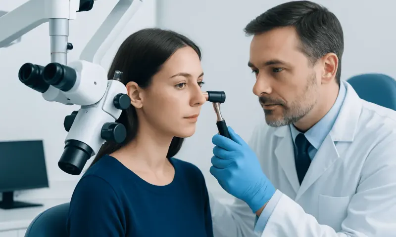 ENT doctor examining patient's ear with specialized equipment at clinic.