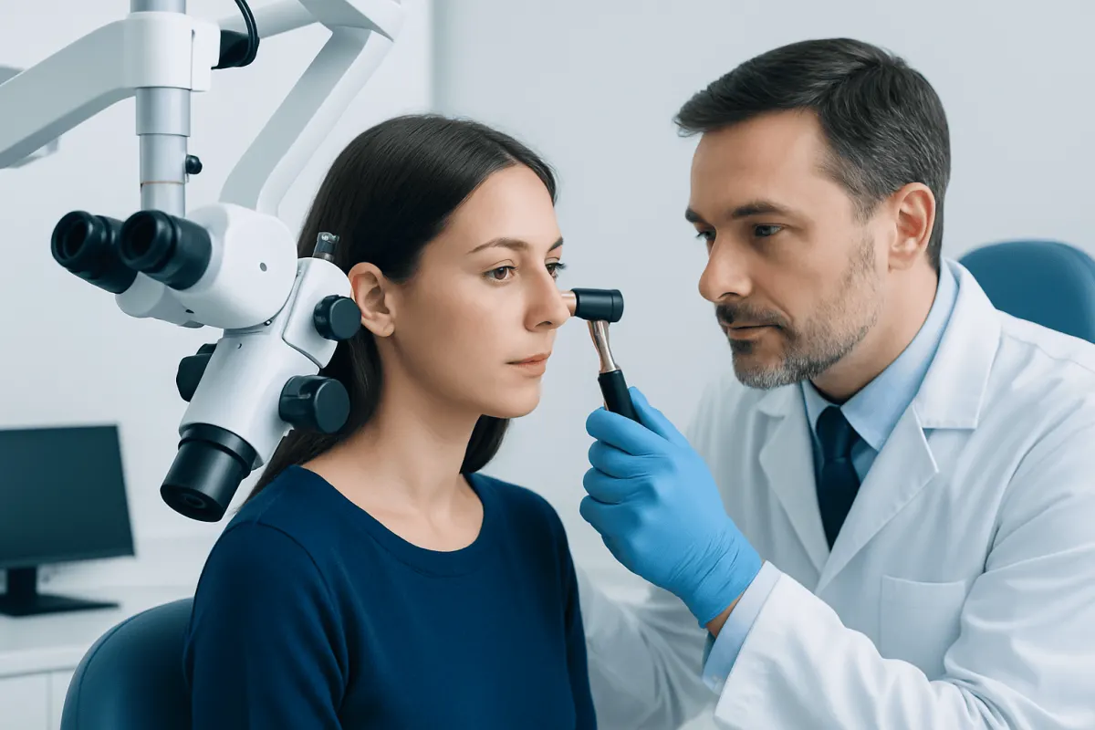 ENT doctor examining patient's ear with specialized equipment at clinic.