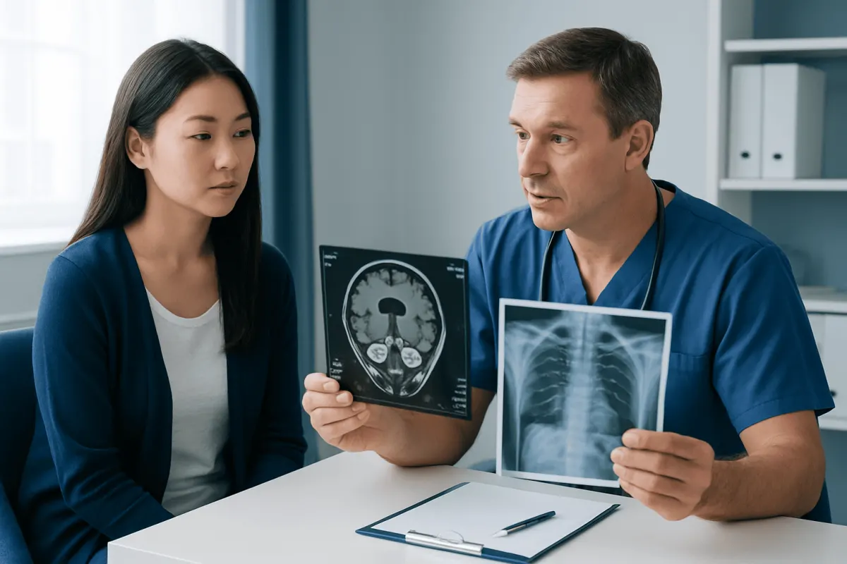 Doctor explaining brain scan and X-ray to a patient in a medical consultation.