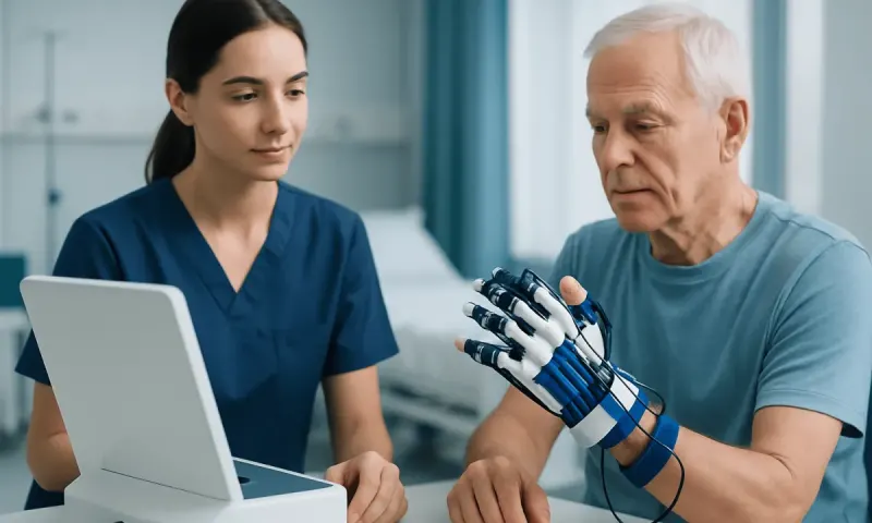 Patient with robotic hand undergoing occupational therapy at hospital.