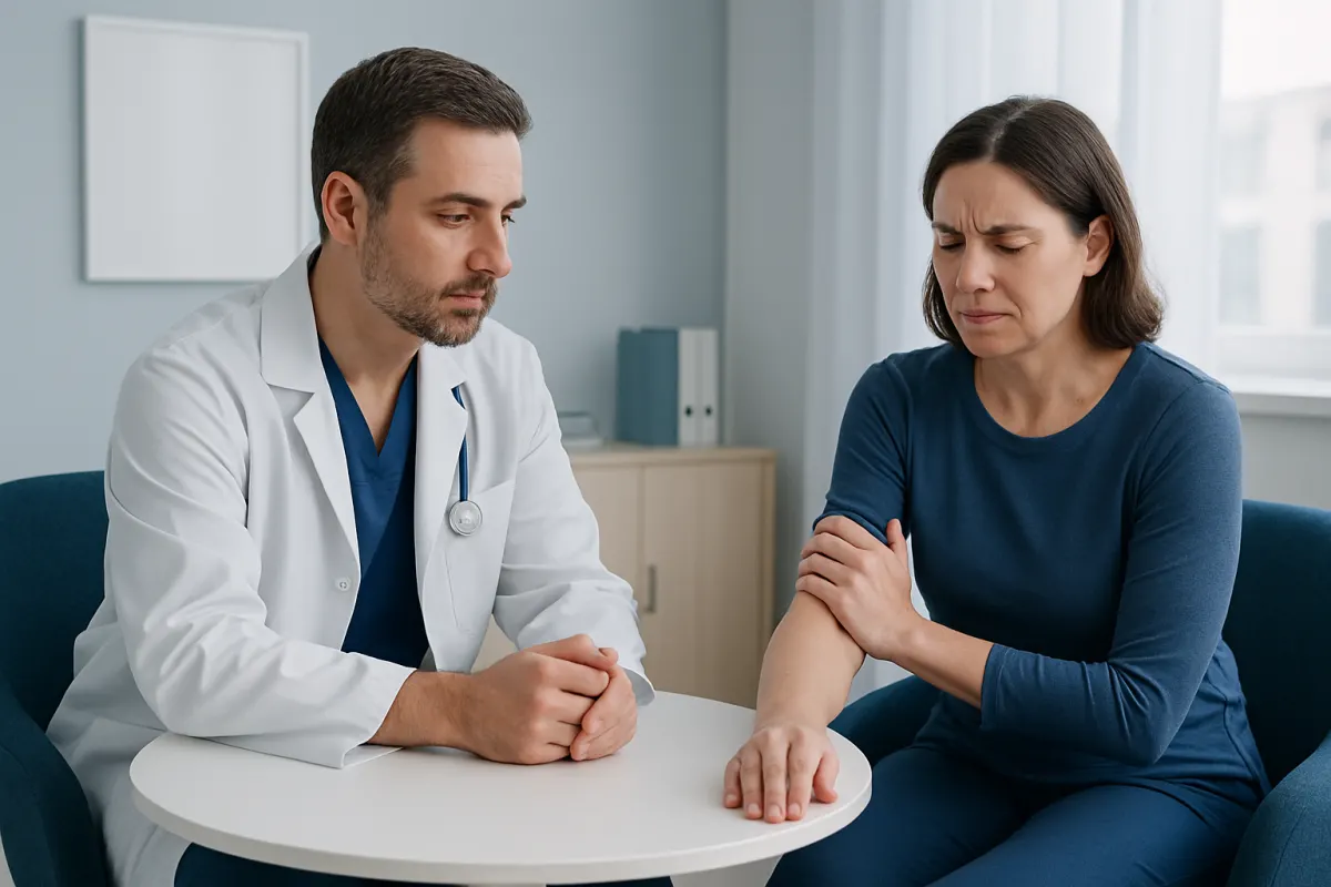 Doctor consulting with a woman about arm pain in a medical office.