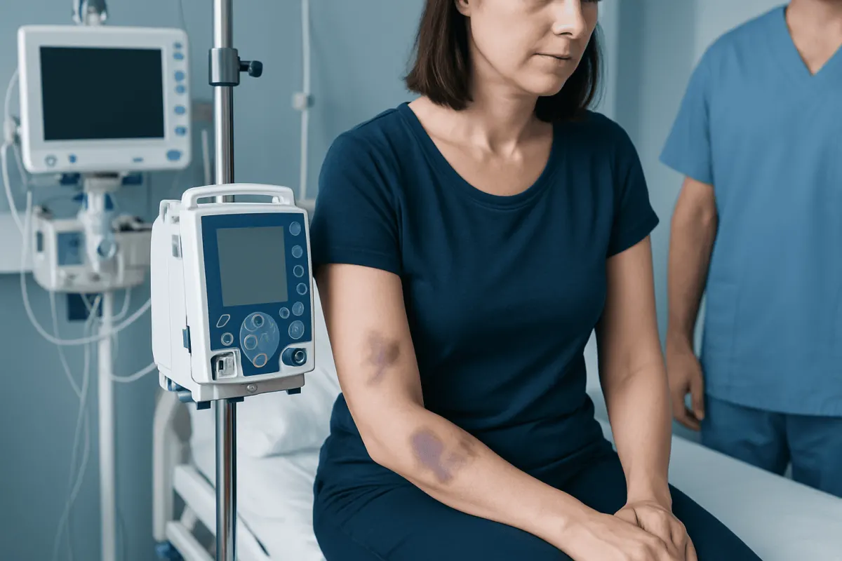 Woman with bruises on her arm in a hospital setting.
