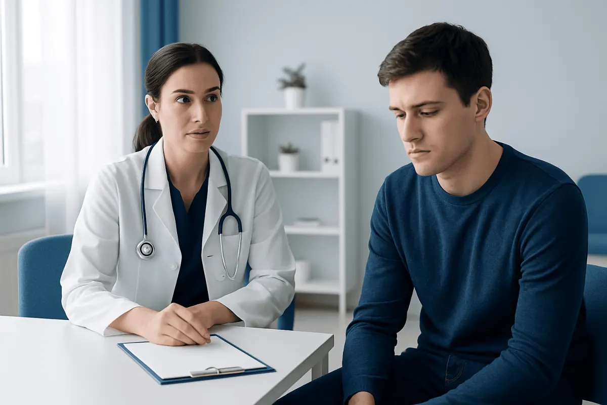 Doctor consulting a young male patient in a modern clinic setting.