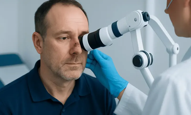 Dermatologist examining a man's nose with a magnifying device.